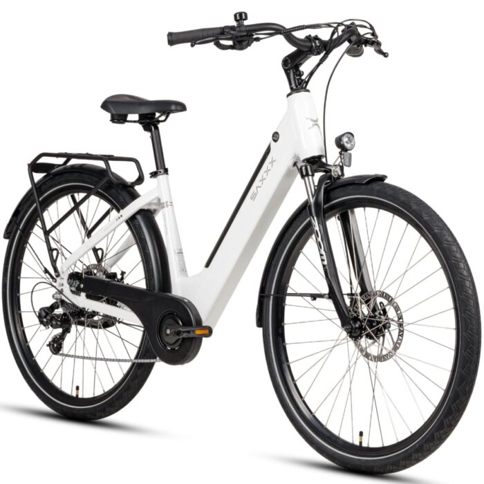 SAXXX E Bike Damen 28 Zoll Tiefeinsteiger mit 36V 13Ah Akku, Elektro Fahrrad Erwachsene mit Scheibenbremse, 7 Gang Kettenschaltung Pedelec mit Federgabel, Gepäckträger für Damen/Frauen Herren/Männer