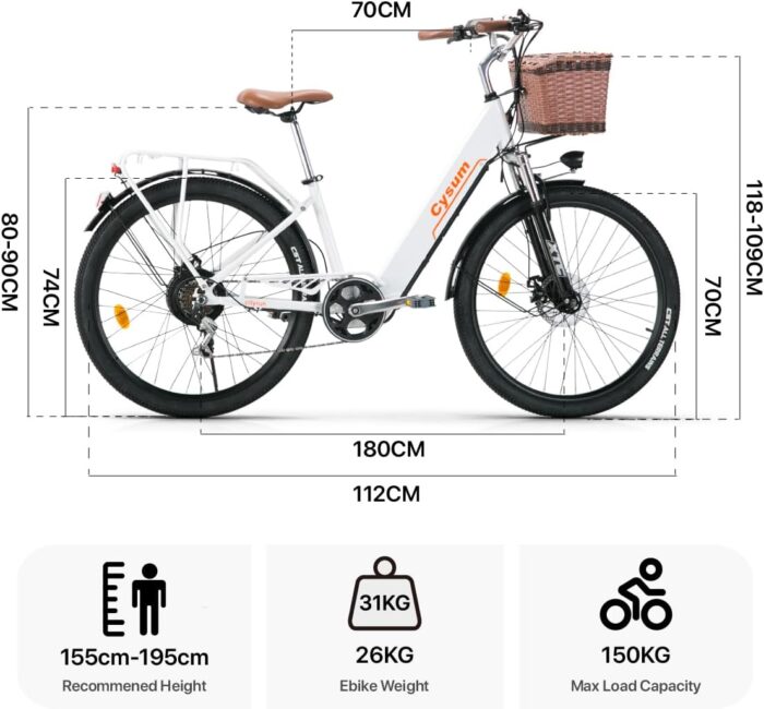 cysum Cityrun E-Bike für Damen, 26 Zoll (66 cm), E-Bike, E-Bike, E-Bike, Stadtfahrrad für Erwachsene, Motor 250 W, 25 km/h, Lithium-Akku 36 V, 360 WH, Reichweite 80 km
