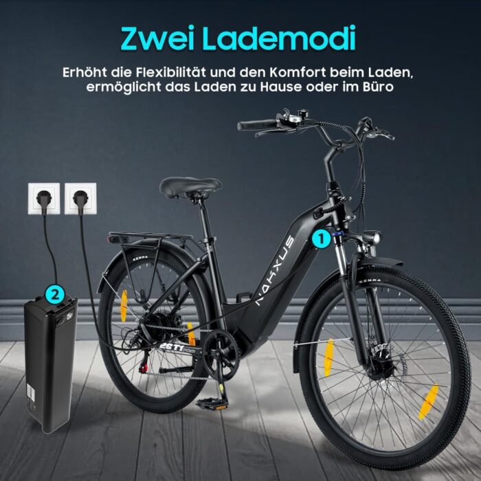 26T1 Elektrofahrrad 26 Zoll E-Bike, 36V 18.2Ah Akku herausnehmbar, 250W Motor, LCD-Display, 7-Gang, Reichweite 90-130 km, 25 km/h, IPX5 wasserdicht für Erwachsene