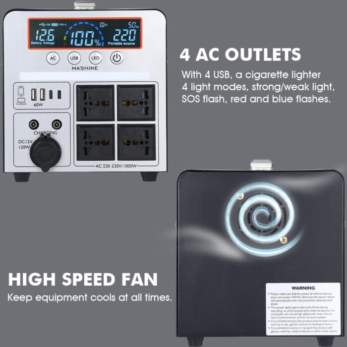 Tragbare Powerstation 1000W/666Wh, Mashine Tragbare Wiederaufladbare Generator Backup Batteriepack für Camping, Wohnmobile, Drohnen, Erste Hilfe und Außenbeleuchtung, mit 4 AC Anschlüssen