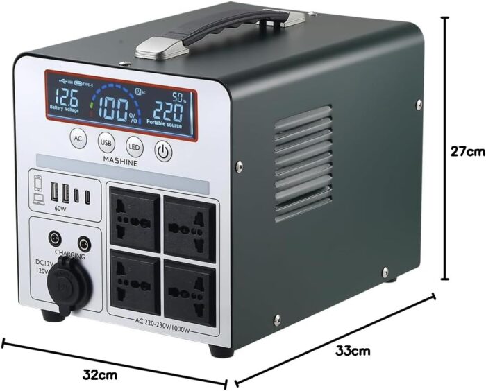 Tragbare Powerstation 1000W/666Wh, Mashine Tragbare Wiederaufladbare Generator Backup Batteriepack für Camping, Wohnmobile, Drohnen, Erste Hilfe und Außenbeleuchtung, mit 4 AC Anschlüssen