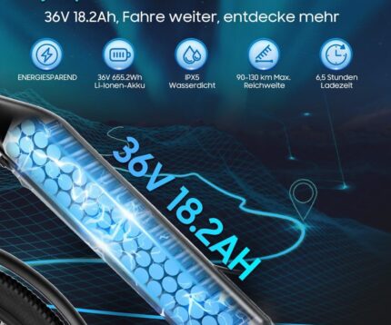 26T1 Elektrofahrrad 26 Zoll E-Bike, 36V 18.2Ah Akku herausnehmbar, 250W Motor, LCD-Display, 7-Gang, Reichweite 90-130 km, 25 km/h, IPX5 wasserdicht für Erwachsene