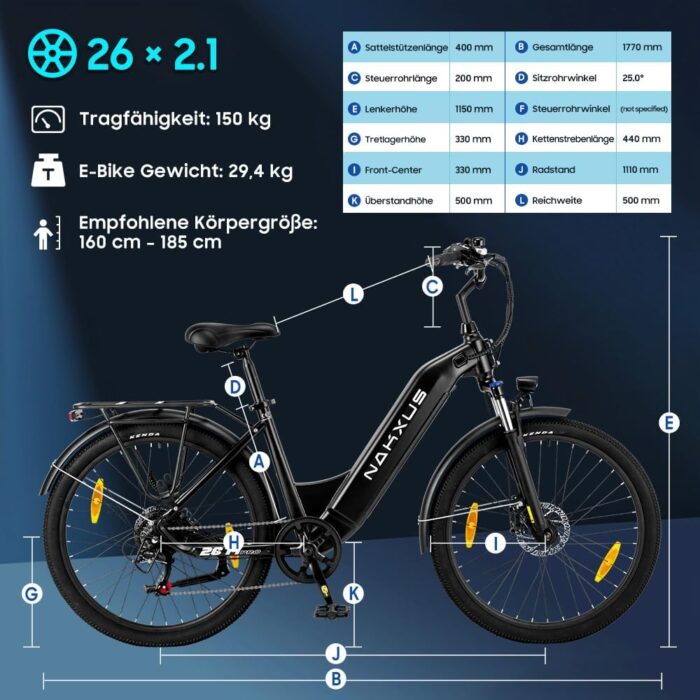 26T1 Elektrofahrrad 26 Zoll E-Bike, 36V 18.2Ah Akku herausnehmbar, 250W Motor, LCD-Display, 7-Gang, Reichweite 90-130 km, 25 km/h, IPX5 wasserdicht für Erwachsene