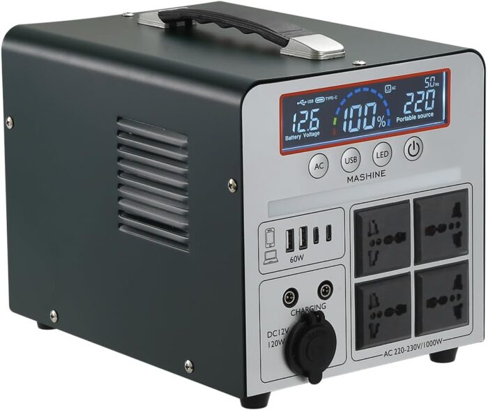 Tragbare Powerstation 1000W/666Wh, Mashine Tragbare Wiederaufladbare Generator Backup Batteriepack für Camping, Wohnmobile, Drohnen, Erste Hilfe und Außenbeleuchtung, mit 4 AC Anschlüssen