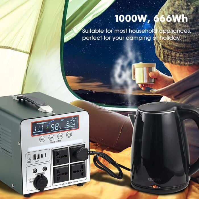 Tragbare Powerstation 1000W/666Wh, Mashine Tragbare Wiederaufladbare Generator Backup Batteriepack für Camping, Wohnmobile, Drohnen, Erste Hilfe und Außenbeleuchtung, mit 4 AC Anschlüssen