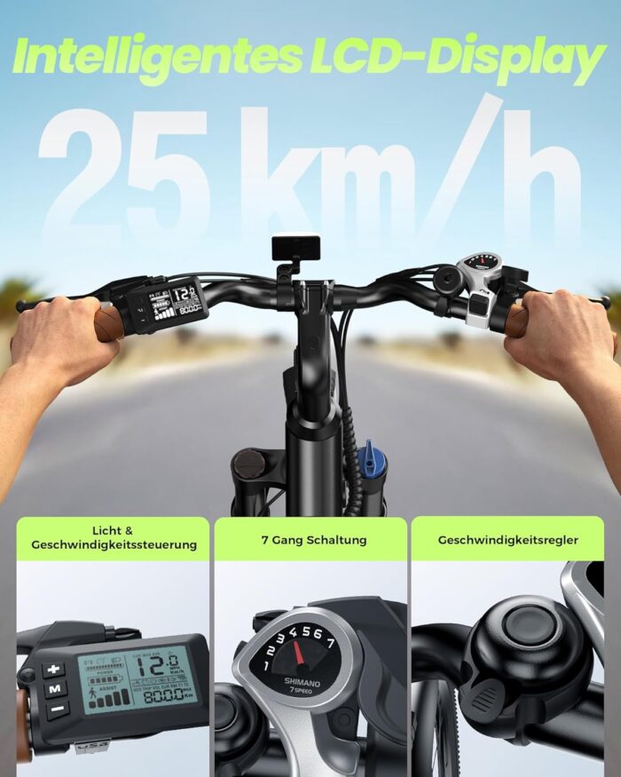 Finbike E Bike für Erwachsene 250W, 26 Zoll CityBike, Elektrofahrrad mit 55 Miles PAS Reichweite, 25 km/h Electric Bike für Herren und Damen,7 Gang Schaltung, Stoßdämpfung