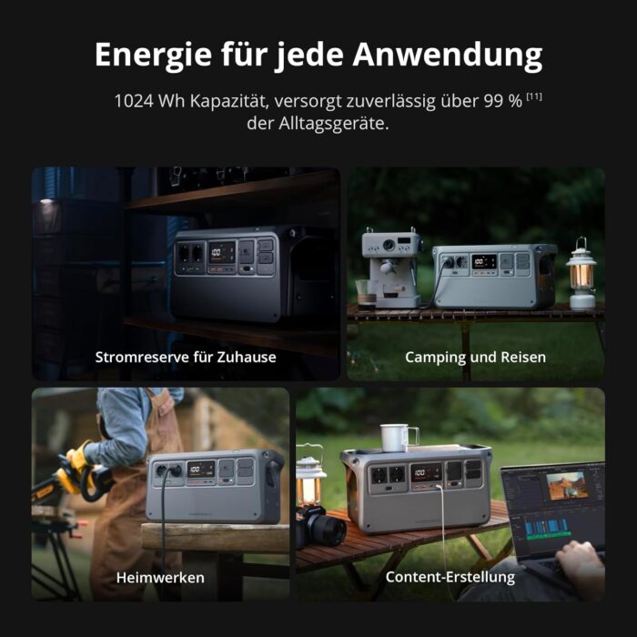 DJI Power 1000 V2 Tragbare Powerstation 1024Wh, 2600W Power Station Solar, LiFePO4 Akku, Kompakte Größe, Schnellladung in 37 Min. von 0% auf 80%, Elektrischer Generator für Camping/Zuhause/Wohnmobile