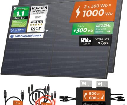 Solarway® 1000W Balkonkraftwerk 800W komplett Steckdose - neuester 800 Watt Wechselrichter - Solaranlage Komplettset - 500W bifaziale Solarmodule & Envertech & Zubehör