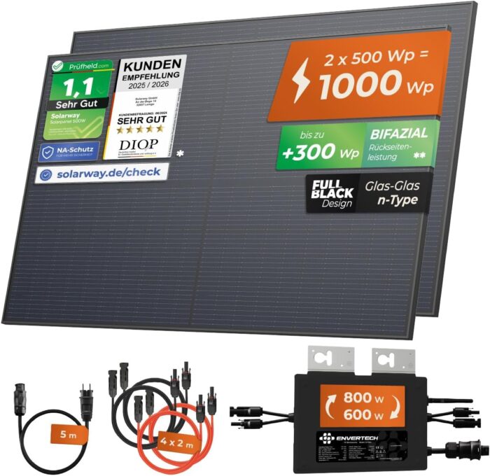 Solarway® 1000W Balkonkraftwerk 800W komplett Steckdose - neuester 800 Watt Wechselrichter - Solaranlage Komplettset - 500W bifaziale Solarmodule & Envertech & Zubehör