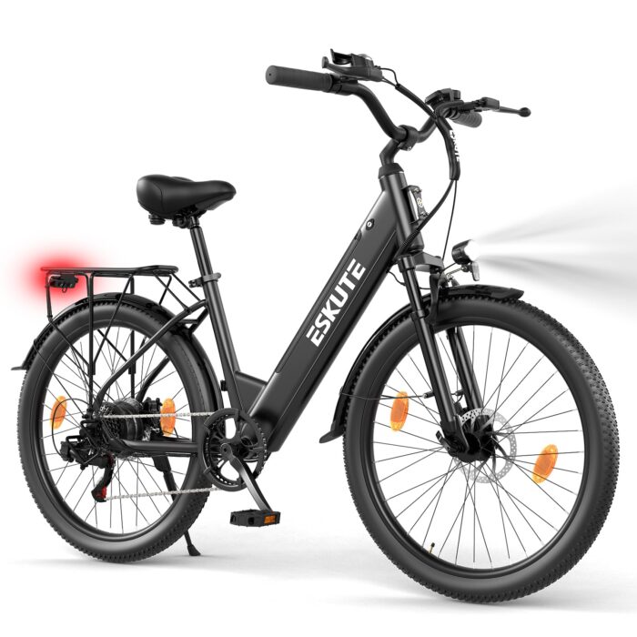 ESKUTE C100 Plus E-Bike, 26 Zoll Elektrofahrrad, E-Cityrad 250W HeckMotor, 36V 13Ah Wechselakku, bis zu 100km, LCD-Display, Tiefeinsteiger E-CityBike