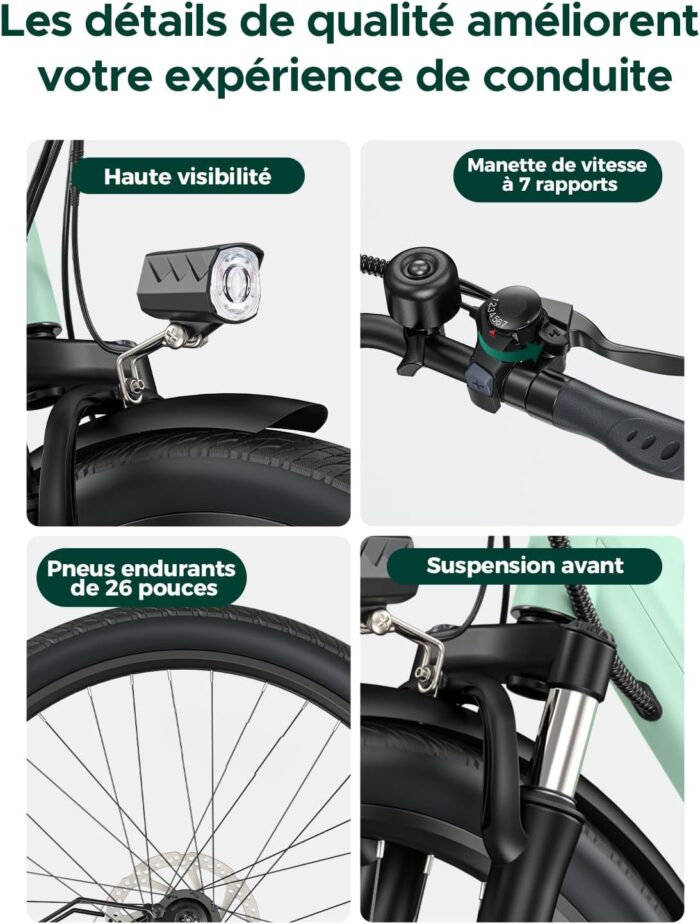 HillMiles MileCity1 26" E-Bike für Erwachsene, 7 Gang Elektrofahrrad mit Austauschbarem 36V 13Ah Akku, 25 km/h und 80–100km Reichweite E-Bike für Städtische Pendler, IP65 Wasserdicht