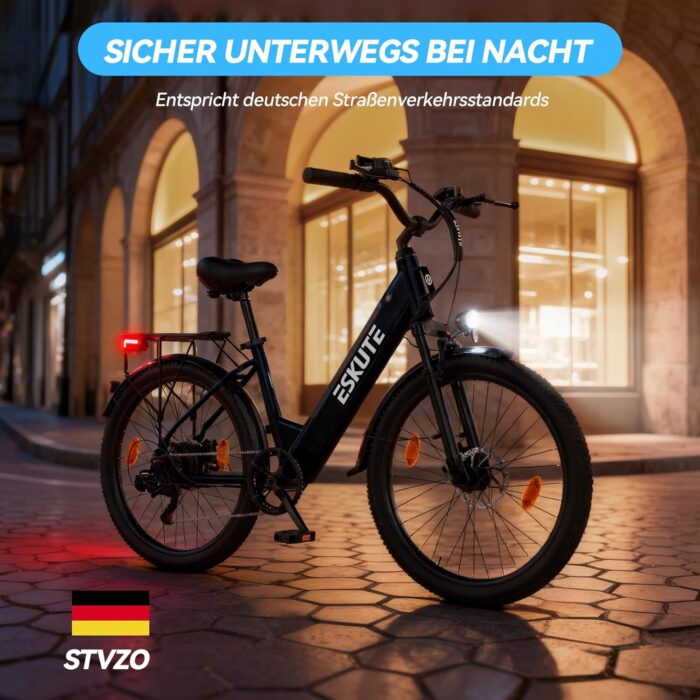 ESKUTE C100 Plus E-Bike, 26 Zoll Elektrofahrrad, E-Cityrad 250W HeckMotor, 36V 13Ah Wechselakku, bis zu 100km, LCD-Display, Tiefeinsteiger E-CityBike