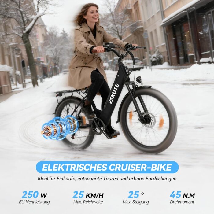 ESKUTE C100 Plus E-Bike, 26 Zoll Elektrofahrrad, E-Cityrad 250W HeckMotor, 36V 13Ah Wechselakku, bis zu 100km, LCD-Display, Tiefeinsteiger E-CityBike