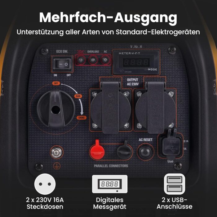 maXpeedingrods 2300W Inverter Stromerzeuger Superleise Tragbarer für Outdoor Camping Wohnmobil 4 Takt Leicht Notstromaggregat Benzin für Reise Garage, Wohnwagen mit USB und 230 V Steckdosen