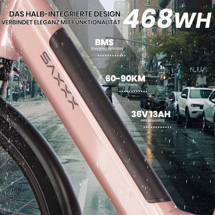 SAXXX E Bike Damen 28 Zoll Tiefeinsteiger mit 36V 13Ah Akku, Elektro Fahrrad Erwachsene mit Scheibenbremse, 7 Gang Kettenschaltung Pedelec mit Federgabel, Gepäckträger für Damen/Frauen Herren/Männer