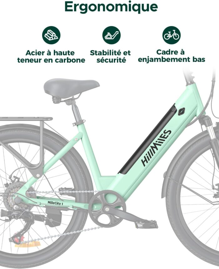 HillMiles MileCity1 26" E-Bike für Erwachsene, 7 Gang Elektrofahrrad mit Austauschbarem 36V 13Ah Akku, 25 km/h und 80–100km Reichweite E-Bike für Städtische Pendler, IP65 Wasserdicht