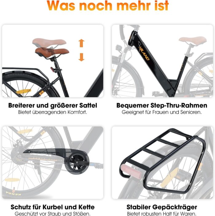 HILAND 26 Zoll Elektrisches Citybike, 250W Motor, 36V 7,8Ah Akku, Elektro Pendlerfahrräder, Scheibenbremsen vorne und hinten, E-Bike für Damen und Herren, Schwarz/Weiß/Rosa