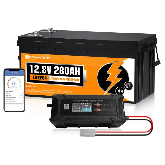 ECO-WORTHY 12V 100Ah LiFePO4 Bluetooth mit 12/24V 20A Ladegeräte,Lithiumbatterie 12V 100AH mit BMS Low Temperature Schutz für Wohnmobil,Boot,Wohnwagen
