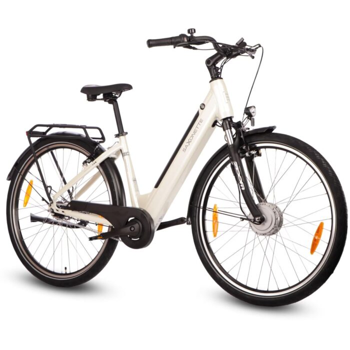 SAXONETTE E Bike mit Rücktrittbremse und nabenschaltung, Ebike Damen 28 Zoll mit 36V 13Ah BMS Akku, 7 Gang Elektro Fahrrad Erwachsene mit Federgabel, Pedelec mit Gepäckträger für Damen und Herren