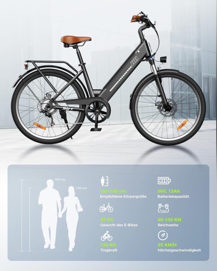Finbike E Bike für Erwachsene 250W, 26 Zoll CityBike, Elektrofahrrad mit 55 Miles PAS Reichweite, 25 km/h Electric Bike für Herren und Damen,7 Gang Schaltung, Stoßdämpfung