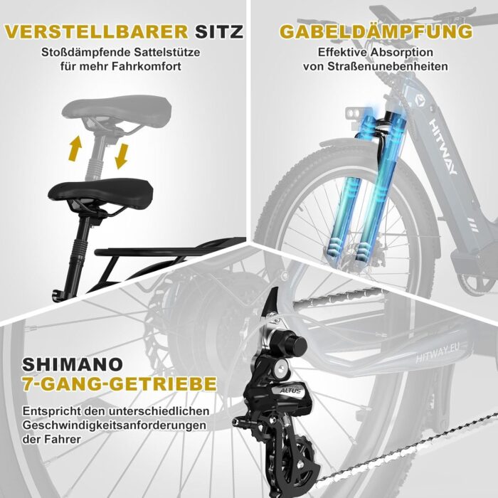 HITWAY E Bike 26X3.0 City Elektrofahrrad Pedelec, 250W City Cruiser E-Bike, 48V 18Ah austauschbarer Akku, max. Reichweite 55–80 km, 7 Gänge, Pendler-Elektrofahrrad für Erwachsene