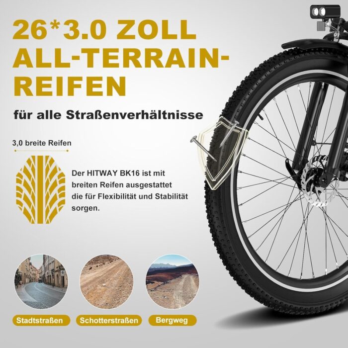 HITWAY E Bike 26X3.0 City Elektrofahrrad Pedelec, 250W City Cruiser E-Bike, 48V 18Ah austauschbarer Akku, max. Reichweite 55–80 km, 7 Gänge, Pendler-Elektrofahrrad für Erwachsene