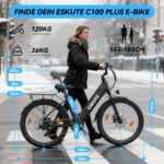 ESKUTE C100 Plus E-Bike, 26 Zoll Elektrofahrrad, E-Cityrad 250W HeckMotor, 36V 13Ah Wechselakku, bis zu 100km, LCD-Display, Tiefeinsteiger E-CityBike