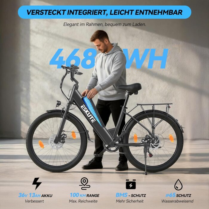 ESKUTE C100 Plus E-Bike, 26 Zoll Elektrofahrrad, E-Cityrad 250W HeckMotor, 36V 13Ah Wechselakku, bis zu 100km, LCD-Display, Tiefeinsteiger E-CityBike