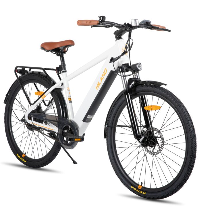 HILAND 26 Zoll Elektomountainbike mit Gepäckträger, 250W Motor, 36V 7.8Ah Akku, 7.8Ah Akku, Elektrofahrrad mit Scheibenbremsen vorne und hinten, E-Bike für Damen und Herren, Grau/Weiß