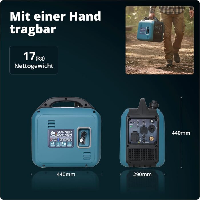 Könner & Söhnen Inverter Stromerzeuger KS 1900iG S, 2000W Dual Fuel Generator (LPG/Benzin), Notstromaggregat Leise, 17kg Ultraleicht, Reine Sinuswelle, Eco-Mode, USB, Euro-5