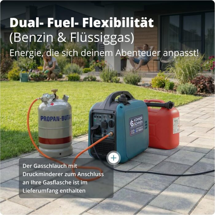 Könner & Söhnen Inverter Stromerzeuger KS 1900iG S, 2000W Dual Fuel Generator (LPG/Benzin), Notstromaggregat Leise, 17kg Ultraleicht, Reine Sinuswelle, Eco-Mode, USB, Euro-5