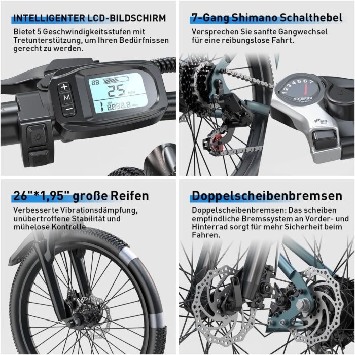 Eleglide E Bike, E-Bike Herren Damen mit 250W Motor 10Ah Akku, Offroad E-Mountainbike, 7 Gänge Elektrofahrrad Für Berge und Pendeln, Multifunktional, Höchstgeschwindigkeit 25km/h, 35 km Reichweite