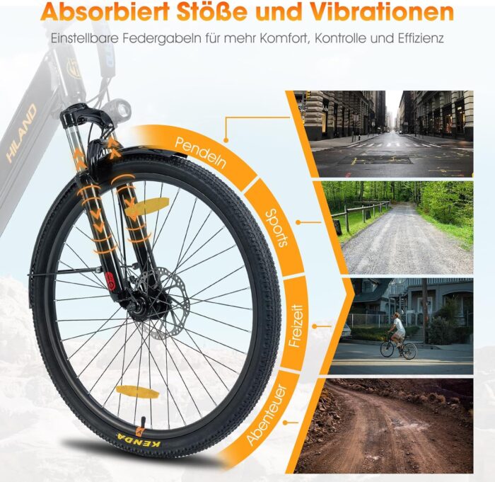 HILAND 26 Zoll Elektrisches Citybike, 250W Motor, 36V 7,8Ah Akku, Elektro Pendlerfahrräder, Scheibenbremsen vorne und hinten, E-Bike für Damen und Herren, Schwarz/Weiß/Rosa