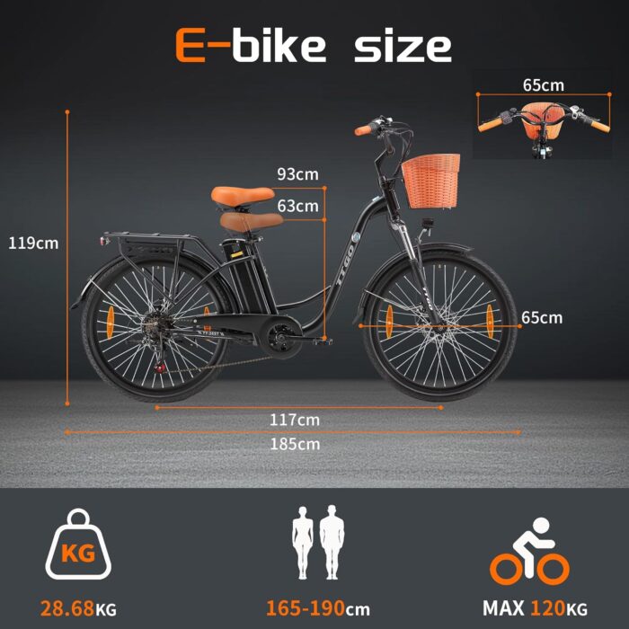 ttgo E Bike 26 Zoll, Elektrofahrräder für Herren Damen mit 36V 14,5Ah/18Ah Akku, 60–120 km Reichweite Citybike, LCD Display, 6/7-Gang, Aluminiumrahmen, Elektrofahrrad mit Korb