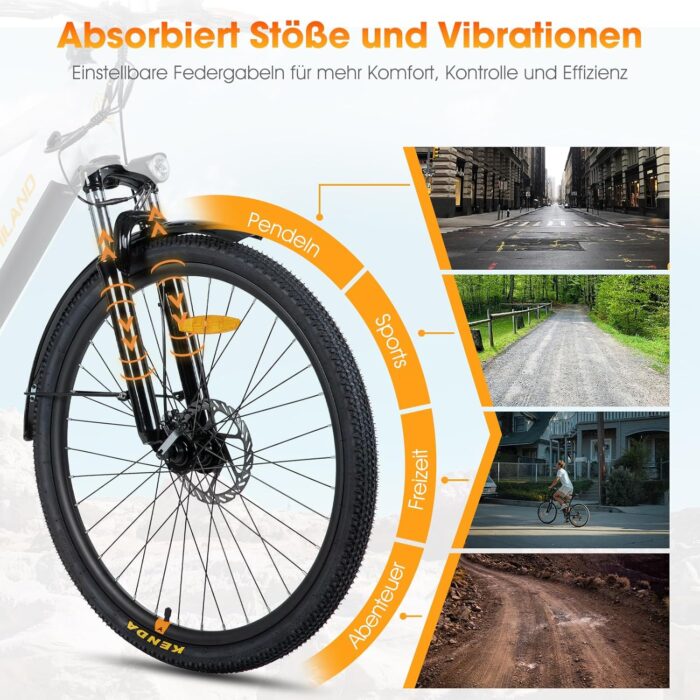 HILAND 26 Zoll Elektomountainbike mit Gepäckträger, 250W Motor, 36V 7.8Ah Akku, 7.8Ah Akku, Elektrofahrrad mit Scheibenbremsen vorne und hinten, E-Bike für Damen und Herren, Grau/Weiß