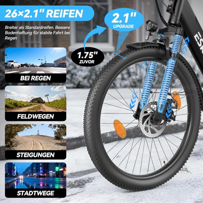 ESKUTE C100 Plus E-Bike, 26 Zoll Elektrofahrrad, E-Cityrad 250W HeckMotor, 36V 13Ah Wechselakku, bis zu 100km, LCD-Display, Tiefeinsteiger E-CityBike