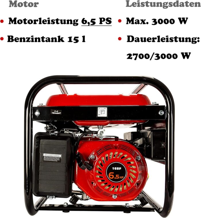 Stromgenerator mit Benzin | Stromerzeuger mit Zubehör | Notstromaggregat leise | 5 Steckdosen 3x 230V / 1x 400V / 1x 12 V | 6,5 PS (Stromgenerator mit Zugstarter)