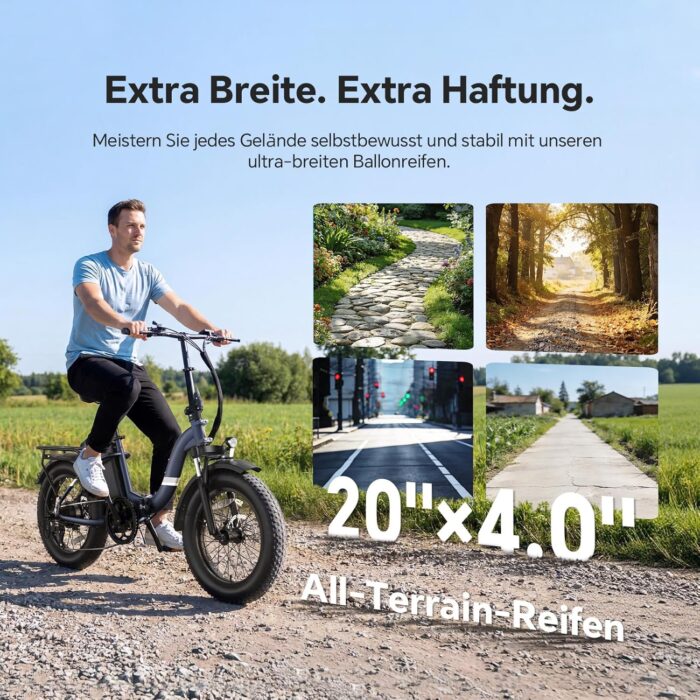 Touroll S2/S2 Pro 2026 Klappbar E-Bike Herren, 250W Fatbike, 20"×4.0" All-Terrain Reifen, 150 km Reichweite, 720Wh Akku, StVZO Straßenzulassung – Elektrofahrrad für Stadt, Offroad & Pendler