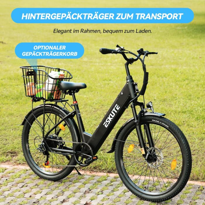 ESKUTE C100 Plus E-Bike, 26 Zoll Elektrofahrrad, E-Cityrad 250W HeckMotor, 36V 13Ah Wechselakku, bis zu 100km, LCD-Display, Tiefeinsteiger E-CityBike