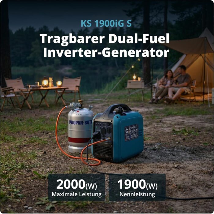Könner & Söhnen Inverter Stromerzeuger KS 1900iG S, 2000W Dual Fuel Generator (LPG/Benzin), Notstromaggregat Leise, 17kg Ultraleicht, Reine Sinuswelle, Eco-Mode, USB, Euro-5