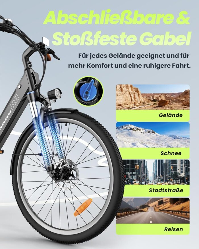 Finbike E Bike für Erwachsene 250W, 26 Zoll CityBike, Elektrofahrrad mit 55 Miles PAS Reichweite, 25 km/h Electric Bike für Herren und Damen,7 Gang Schaltung, Stoßdämpfung