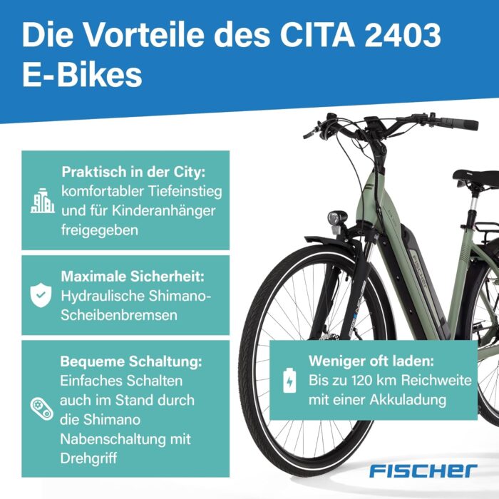 Fischer E-Bike City CITA 2403 Active Elektrofahrrad für Damen und Herren, RH 43, Frontmotor 40 Nm, 48 V Akku
