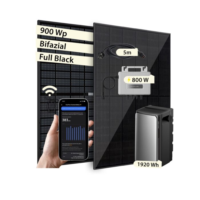 VALE Balkonkraftwerk Bifazial 900 Wp Full Black - EcoFlow Stream Wechselrichter 800 W - Hochwertiges Solarpanel Set - 5m AC-Kabel - inkl. App-Steuerung