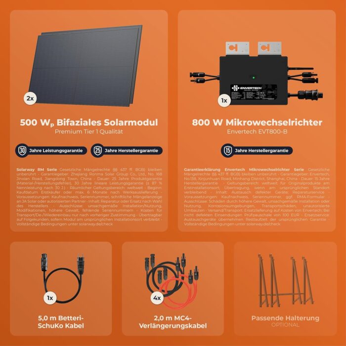 Solarway® 1000W Balkonkraftwerk 800W komplett Steckdose - neuester 800 Watt Wechselrichter - Solaranlage Komplettset - 500W bifaziale Solarmodule & Envertech & Zubehör