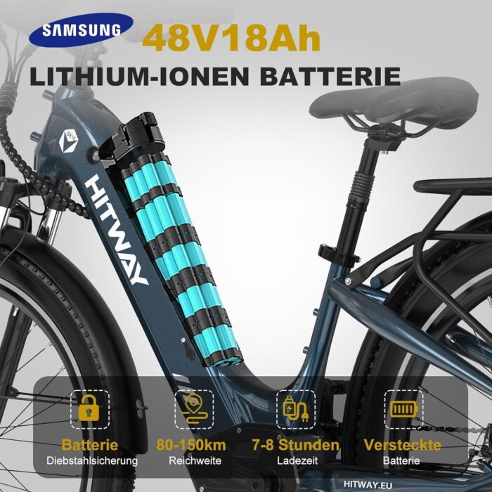 HITWAY E Bike 26X3.0 City Elektrofahrrad Pedelec, 250W City Cruiser E-Bike, 48V 18Ah austauschbarer Akku, max. Reichweite 55–80 km, 7 Gänge, Pendler-Elektrofahrrad für Erwachsene