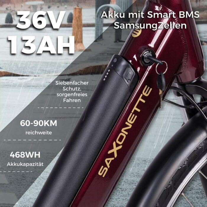 SAXONETTE E Bike mit Rücktrittbremse und nabenschaltung, Ebike Damen 28 Zoll mit 36V 13Ah BMS Akku, 7 Gang Elektro Fahrrad Erwachsene mit Federgabel, Pedelec mit Gepäckträger für Damen und Herren