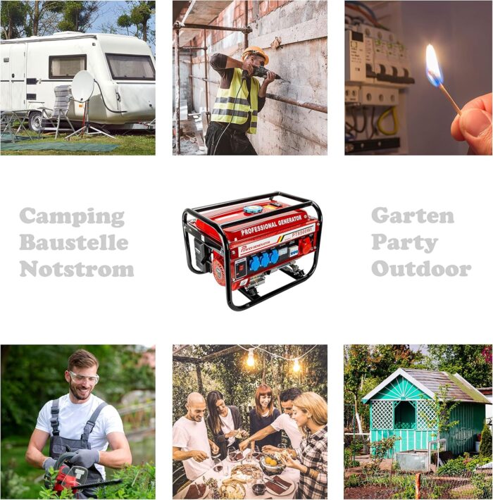 Stromgenerator mit Benzin | Stromerzeuger mit Zubehör | Notstromaggregat leise | 5 Steckdosen 3x 230V / 1x 400V / 1x 12 V | 6,5 PS (Stromgenerator mit Zugstarter)
